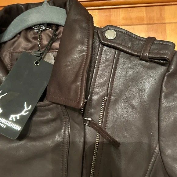 NWT Bod & Christiansen Chestnut Brown Genuine Leather Biker Jacket XS